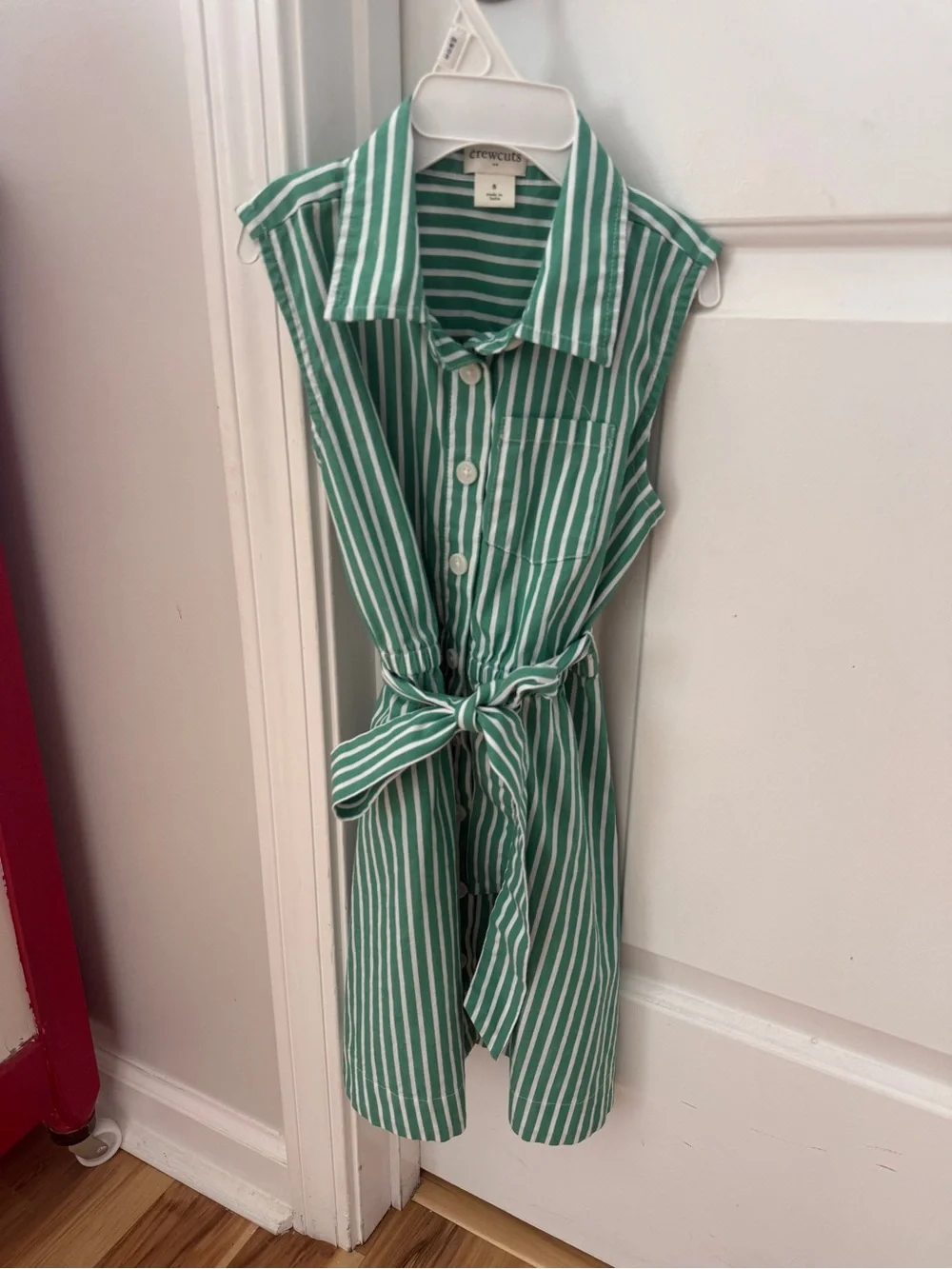 J. Crew Crewcuts Green and White Striped Sleeveless Shirt Dress with Waist Tie